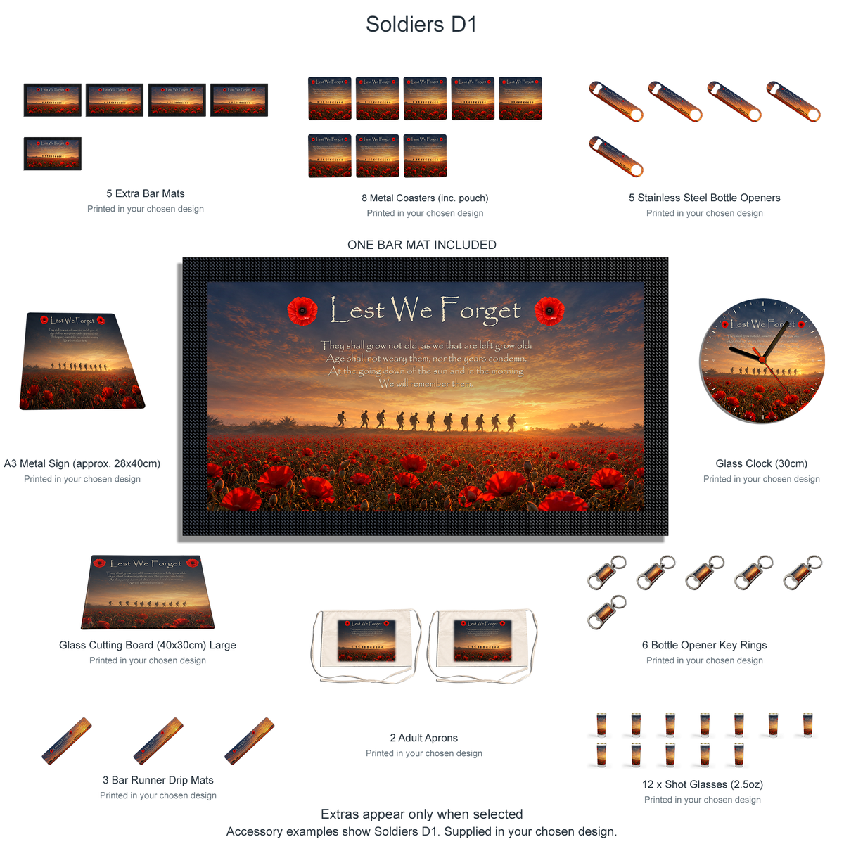 Examples of optional matching remembrance accessories in Soldiers D1 artwork. Only the chosen pack is included.