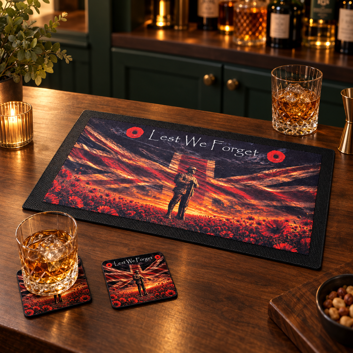 British soldier and Union Jack remembrance bar mat with matching coasters in a home bar.