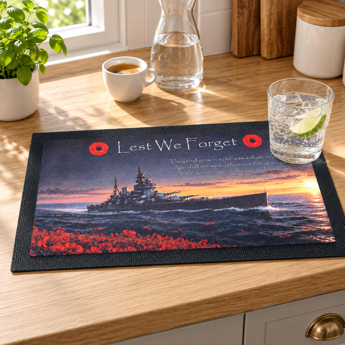 Navy warship remembrance bar mat displayed in a kitchen.