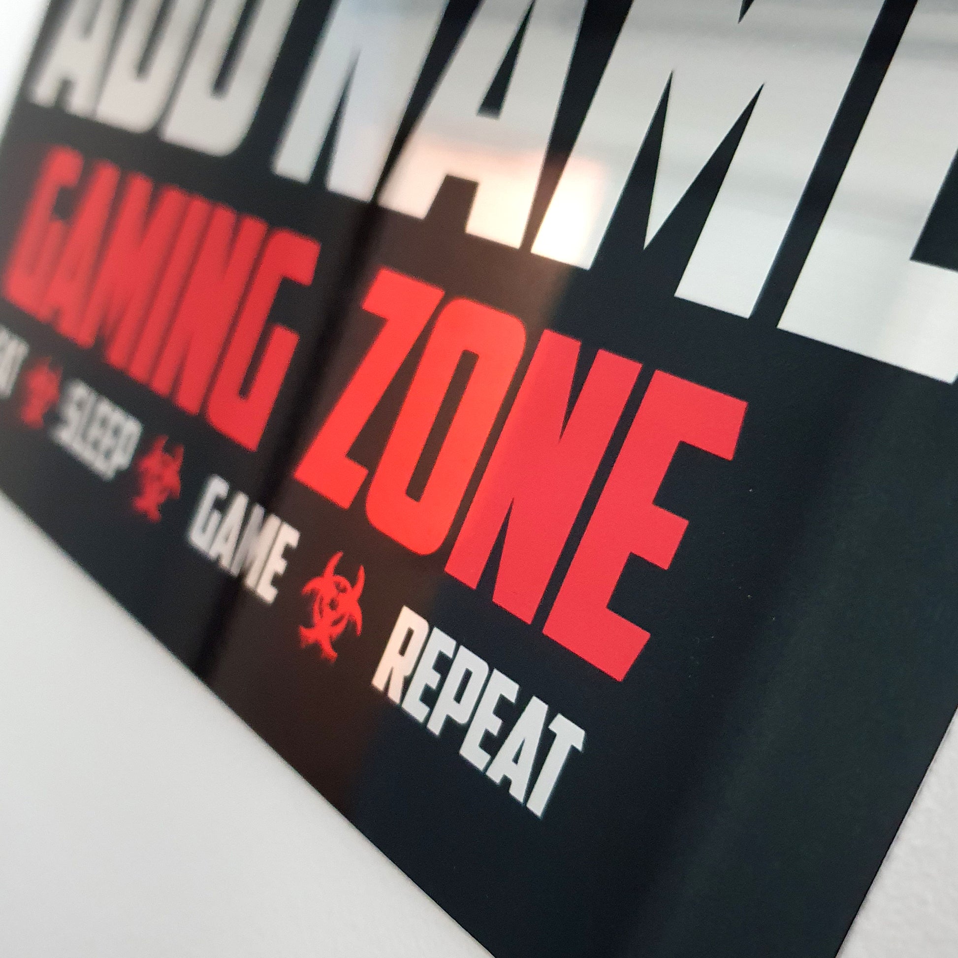 Personalised Metal Mirror Red Gamer Sign - Gaming Zone Caution - shopquality4u