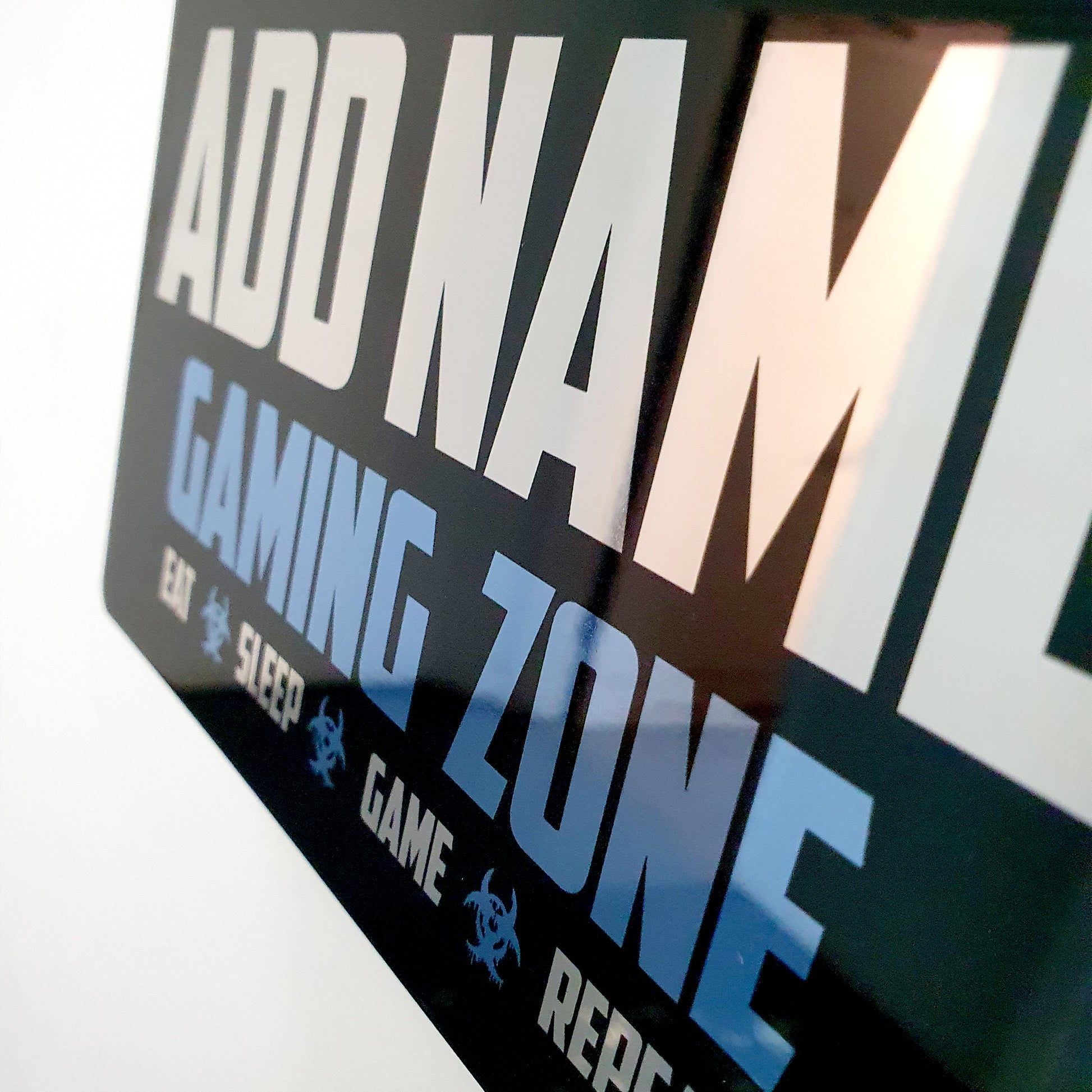 Personalised Metal Mirror Blue Gamer Sign - Gaming Zone Caution - shopquality4u