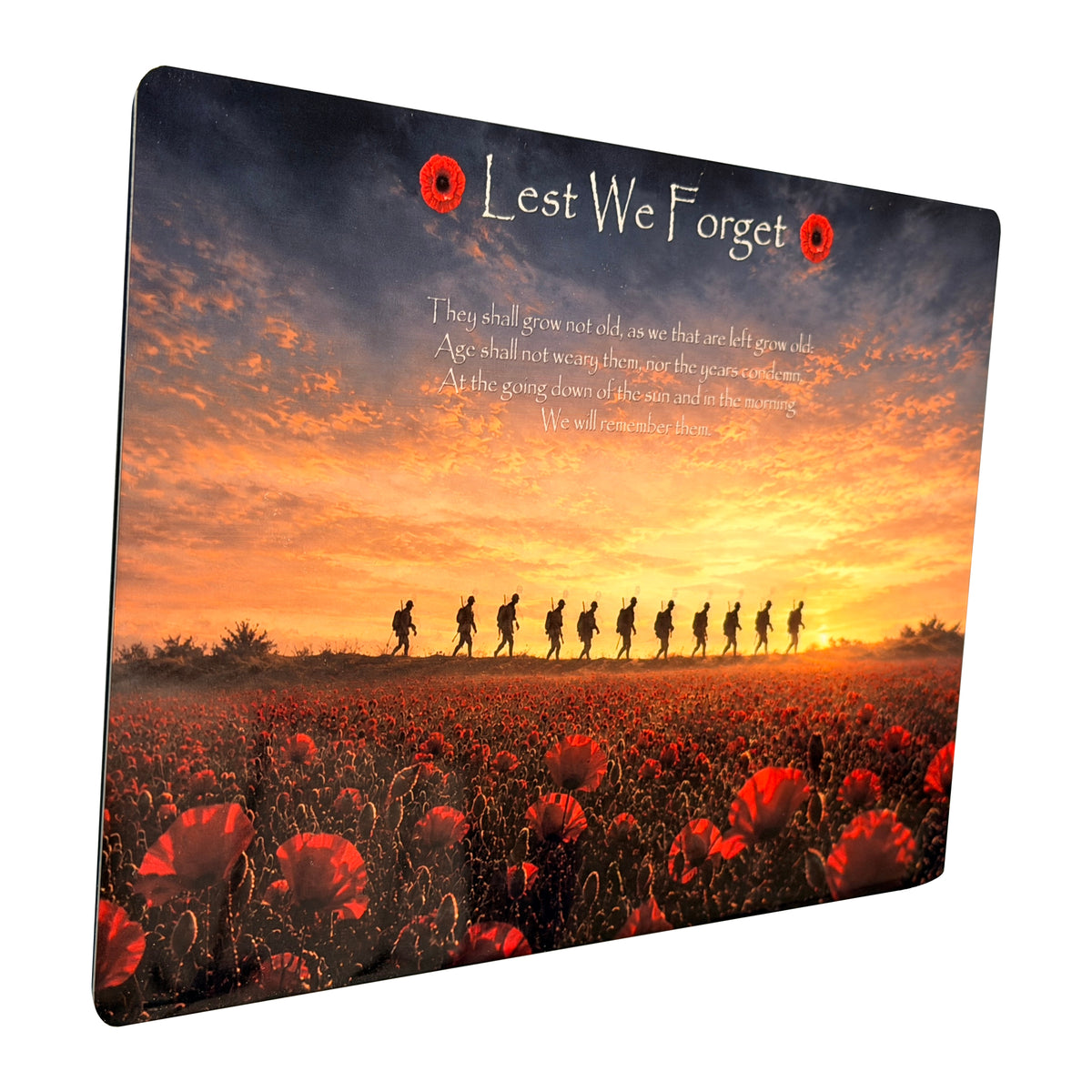 Soldiers D1 Lest We Forget aluminium metal sign, angled view, real product photograph.