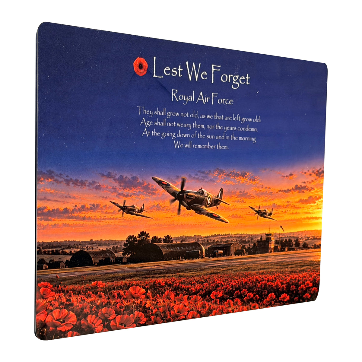 Royal Air Force D10 Lest We Forget aluminium metal sign, angled view, real product photograph.