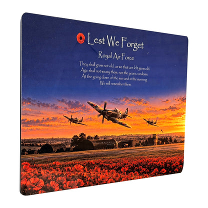 Royal Air Force D10 Lest We Forget aluminium metal sign, angled view, real product photograph.