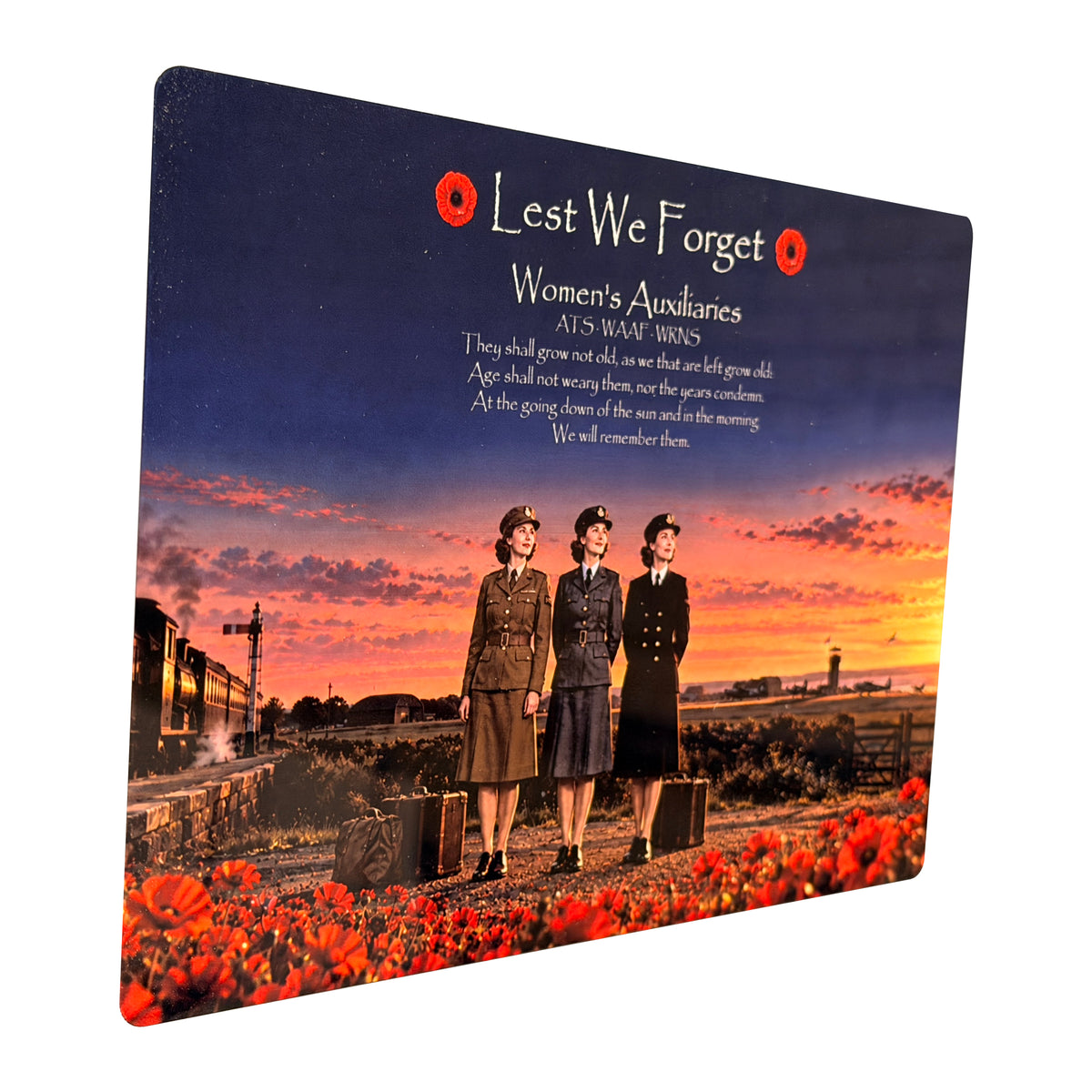 Women's Auxiliaries D11 Lest We Forget aluminium metal sign, angled view, real product photograph.