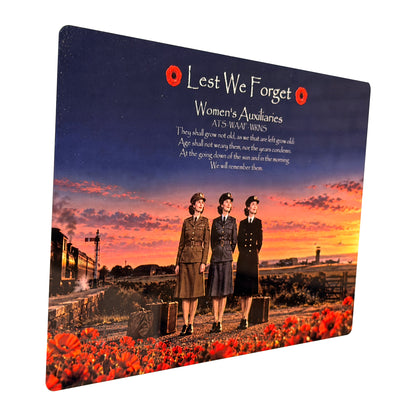 Women's Auxiliaries D11 Lest We Forget aluminium metal sign, angled view, real product photograph.