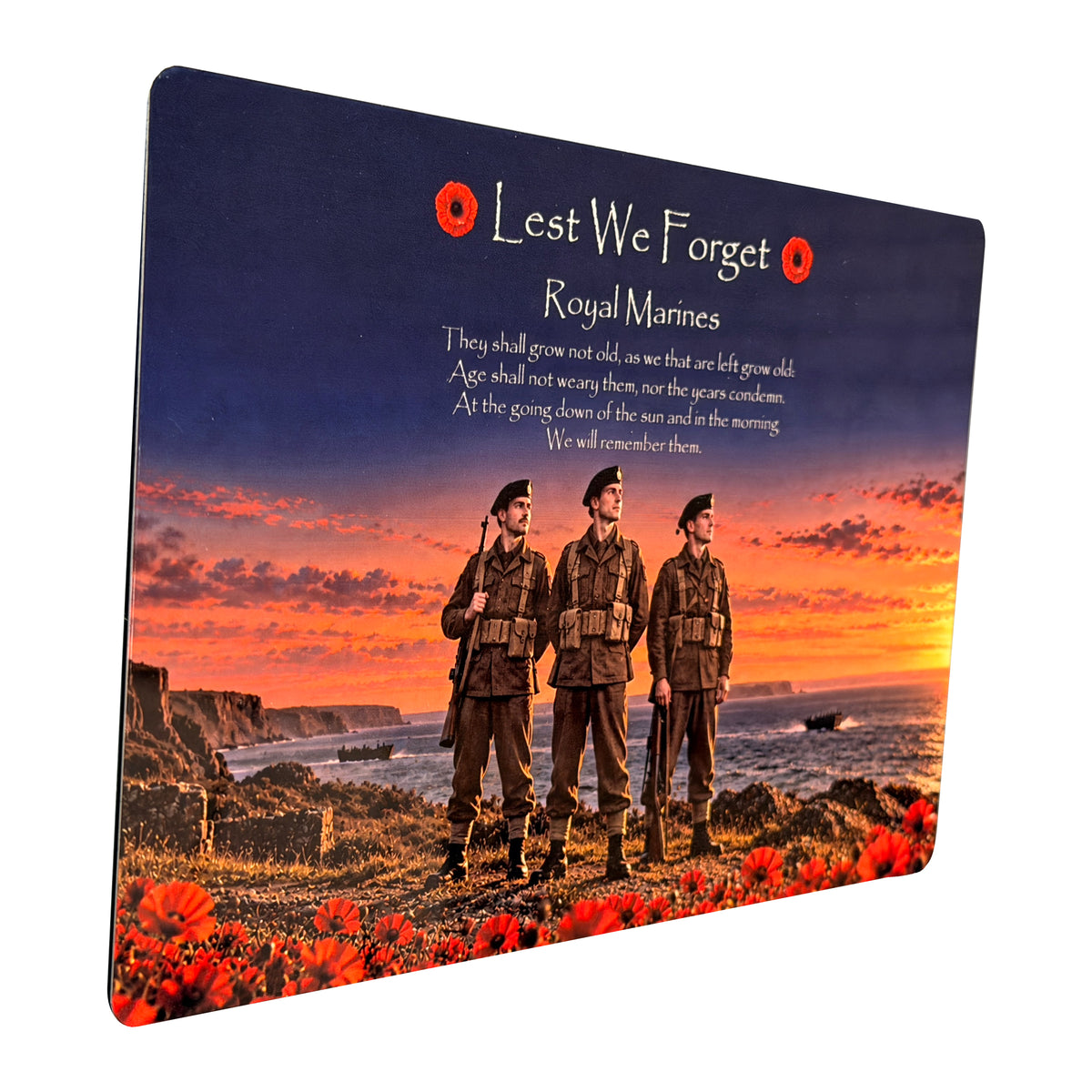 Royal Marines D12 Lest We Forget aluminium metal sign, angled view, real product photograph.