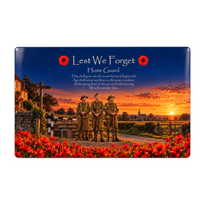 Home Guard D13 Lest We Forget aluminium metal sign, front view, product mockup.