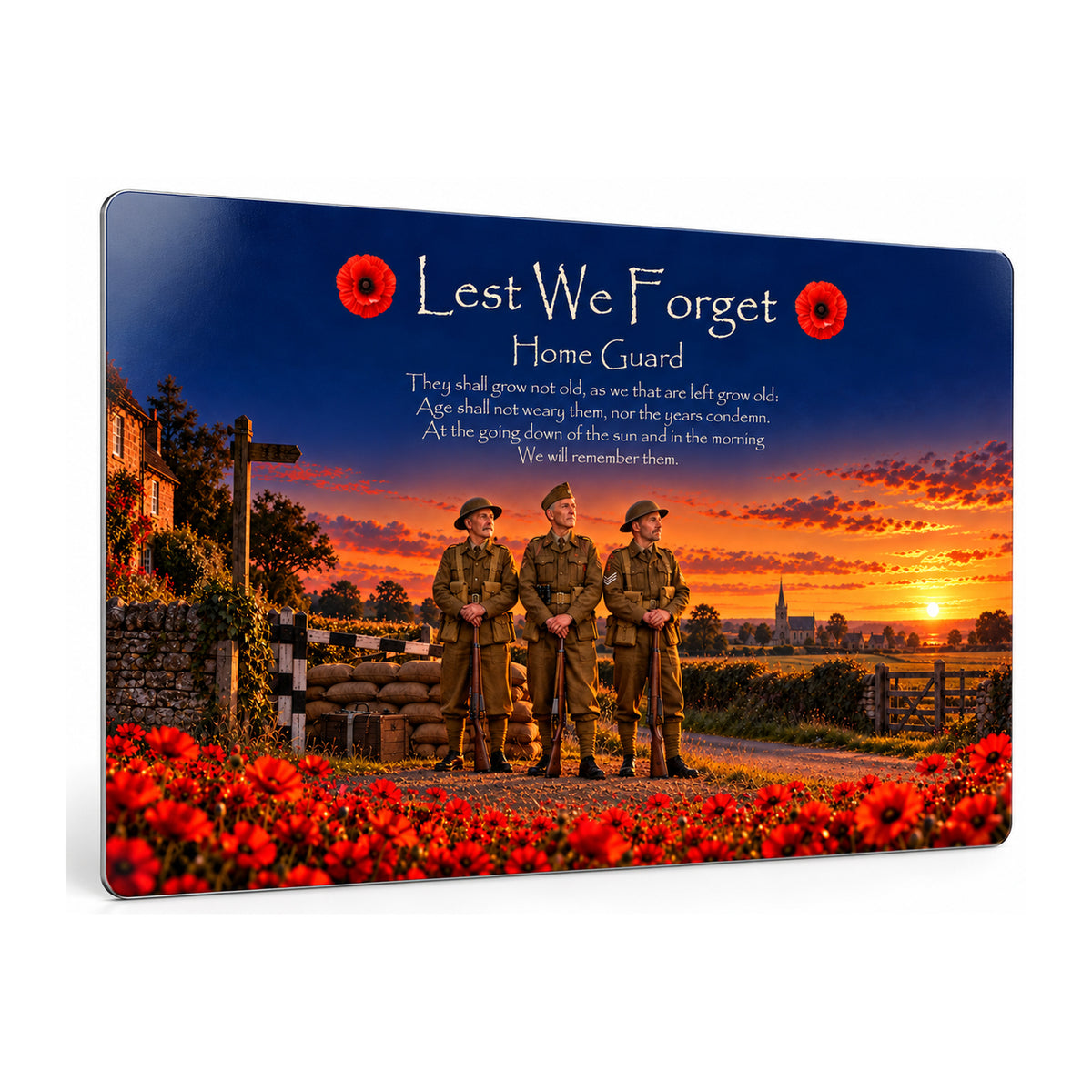 Home Guard D13 Lest We Forget aluminium metal sign, angled view, product mockup.