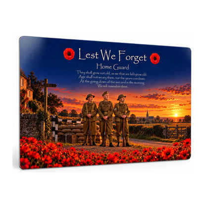Home Guard D13 Lest We Forget aluminium metal sign, angled view, product mockup.