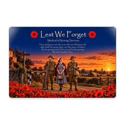 Medical & Nursing Services D14 Lest We Forget aluminium metal sign, front view, product mockup.