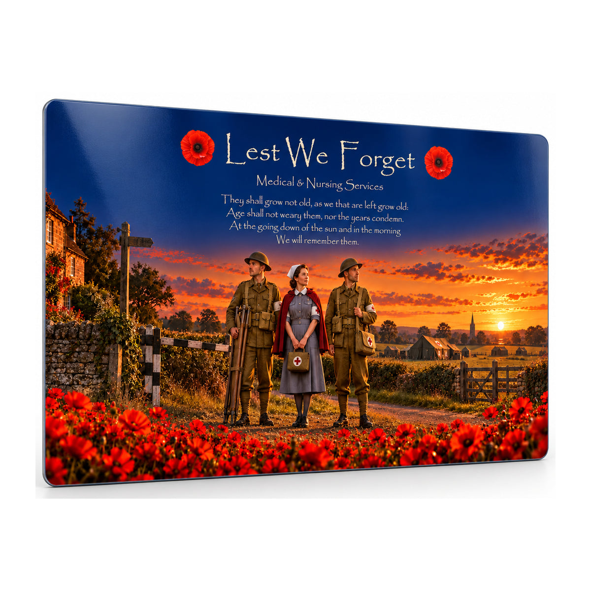 Medical & Nursing Services D14 Lest We Forget aluminium metal sign, angled view, product mockup.