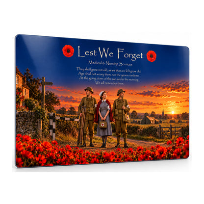Medical & Nursing Services D14 Lest We Forget aluminium metal sign, angled view, product mockup.