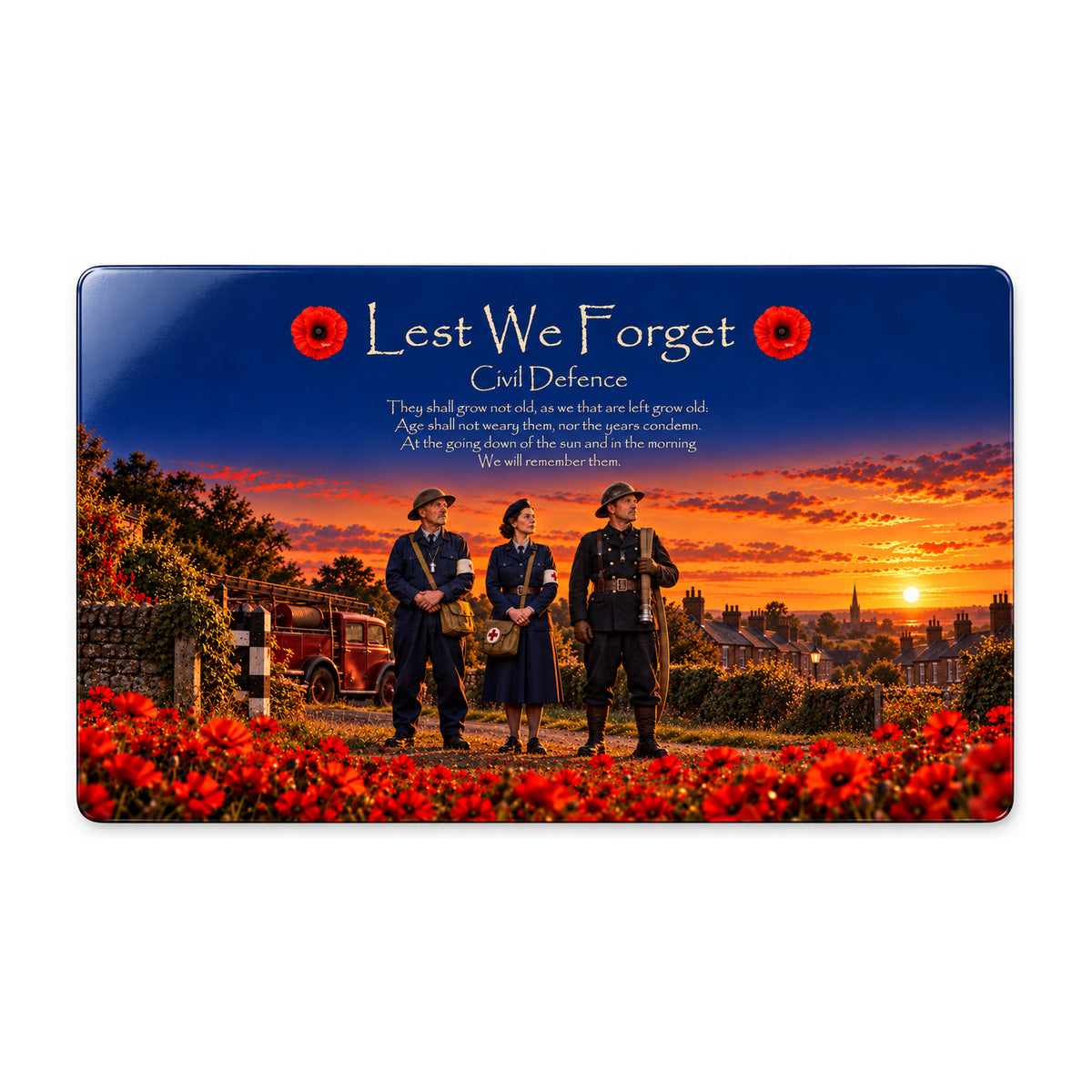 Civil Defence D15 Lest We Forget aluminium metal sign, front view, product mockup.