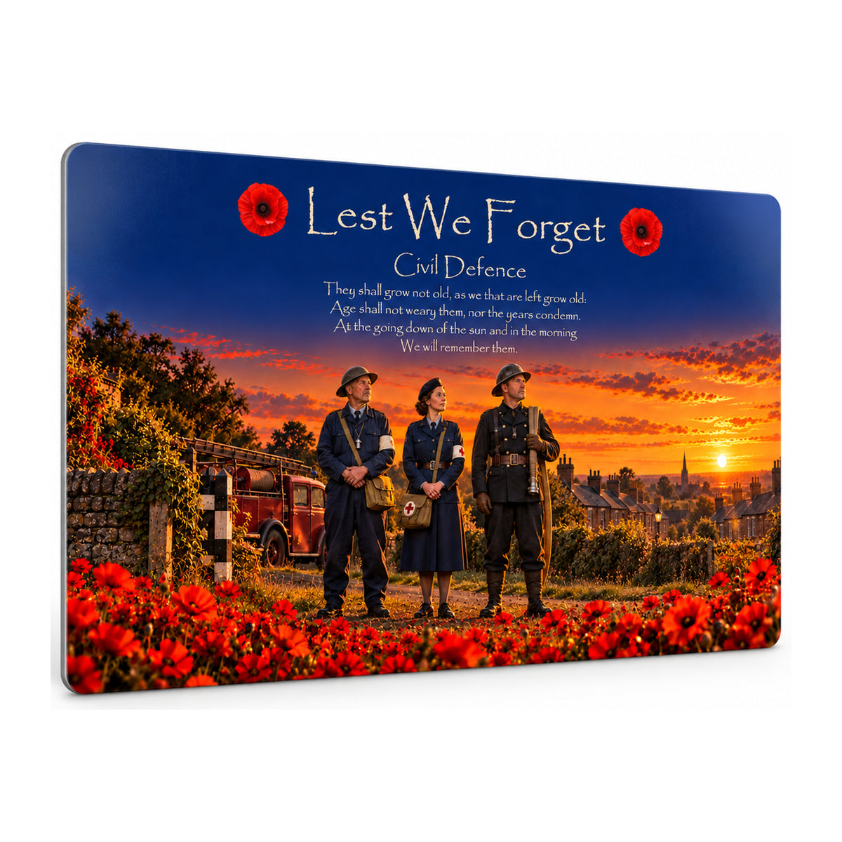 Civil Defence D15 Lest We Forget aluminium metal sign, angled view, product mockup.