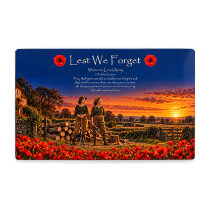 Women's Land Army & Timber Corps D16 Lest We Forget aluminium metal sign, front view, product mockup.