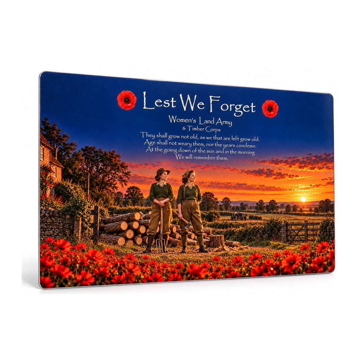 Women's Land Army & Timber Corps D16 Lest We Forget aluminium metal sign, angled view, product mockup.