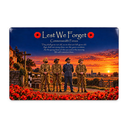 Commonwealth Forces D17 Lest We Forget aluminium metal sign, front view, product mockup.