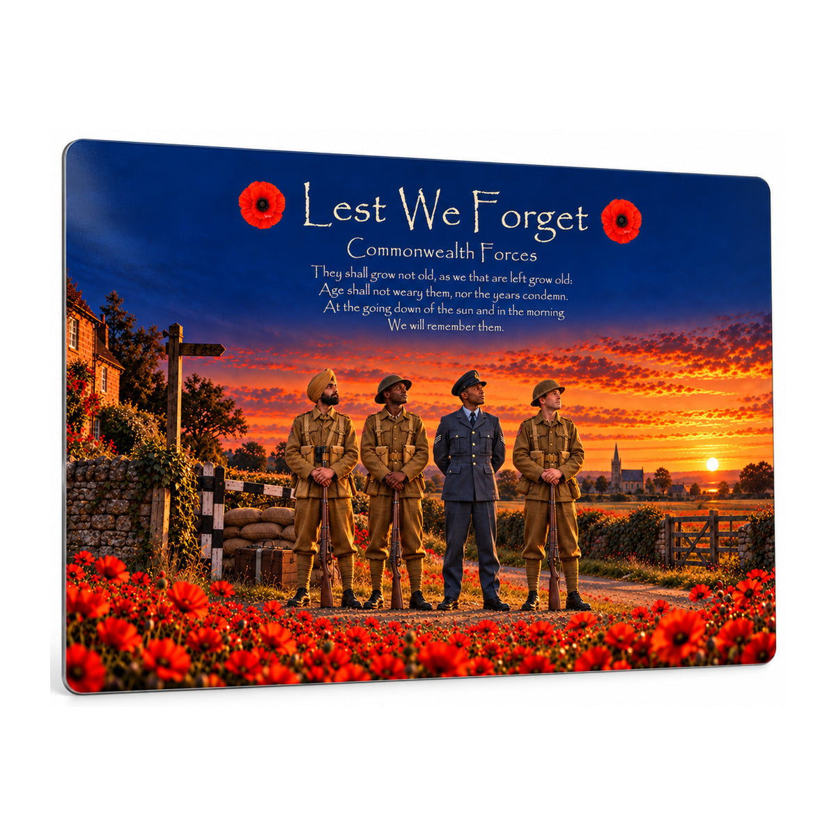 Commonwealth Forces D17 Lest We Forget aluminium metal sign, angled view, product mockup.