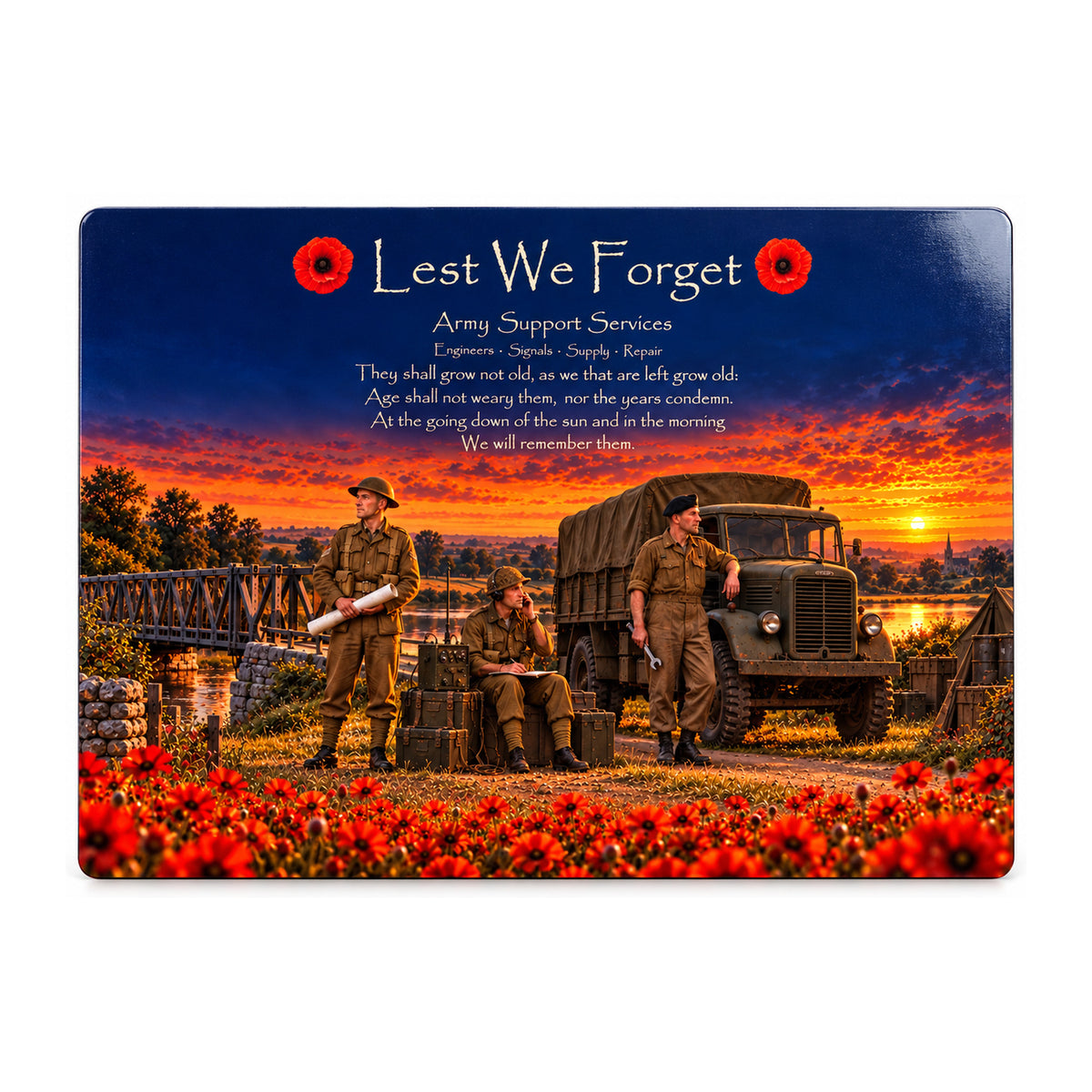 Army Support Services D18 Lest We Forget aluminium metal sign, front view, product mockup.