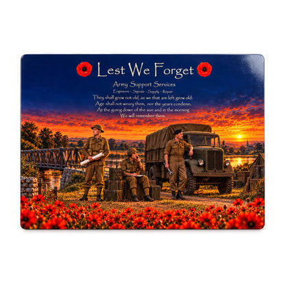 Army Support Services D18 Lest We Forget aluminium metal sign, front view, product mockup.