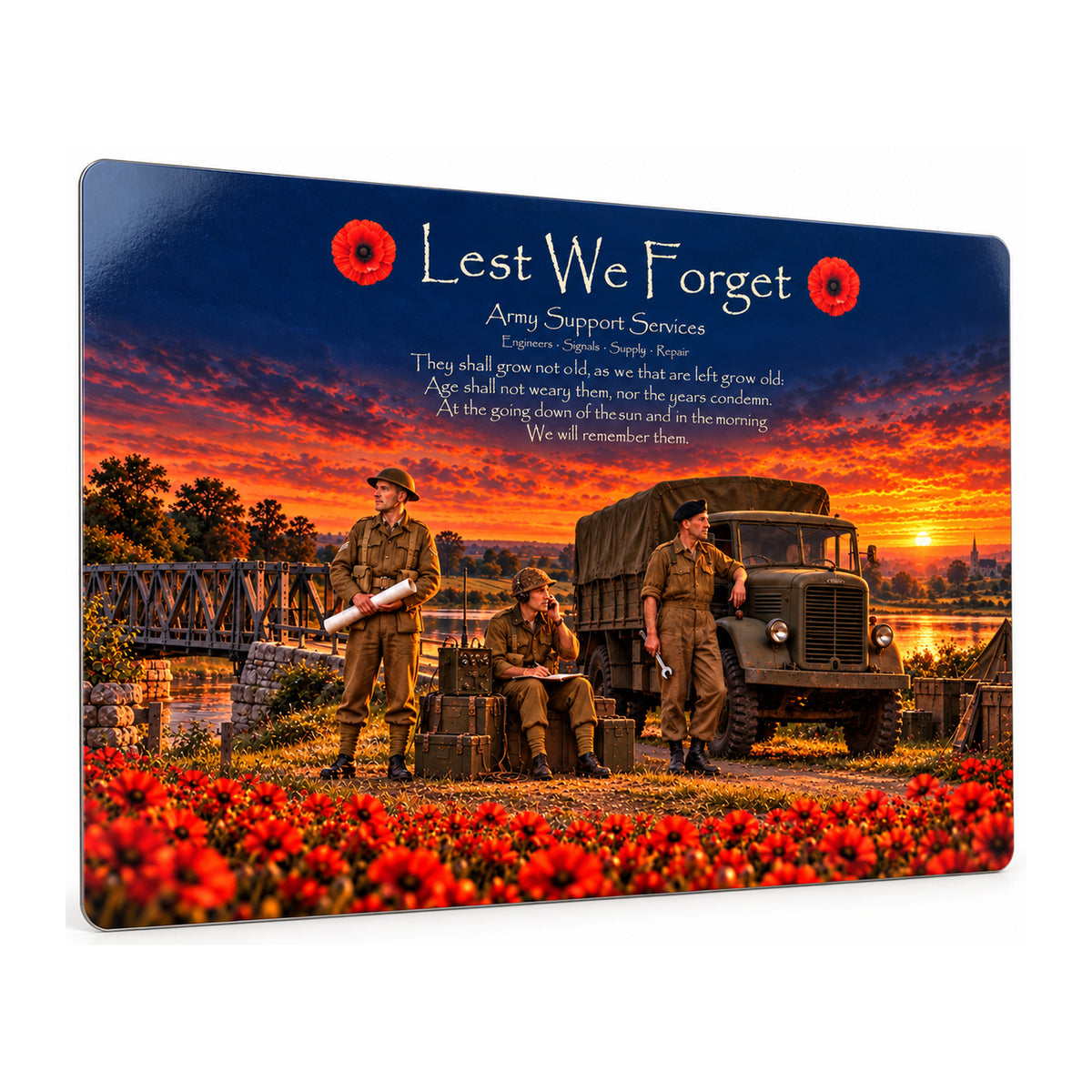 Army Support Services D18 Lest We Forget aluminium metal sign, angled view, product mockup.
