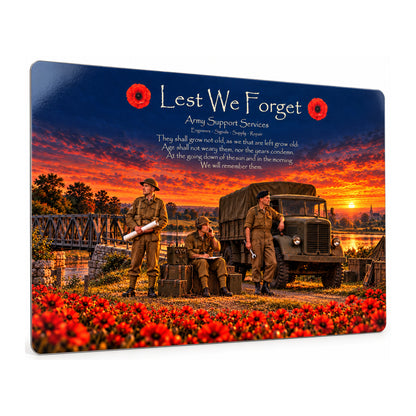 Army Support Services D18 Lest We Forget aluminium metal sign, angled view, product mockup.