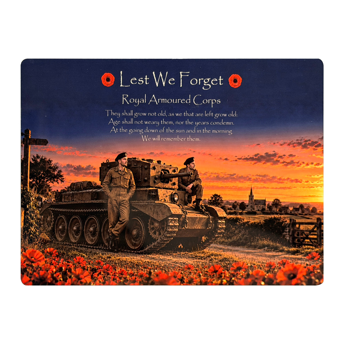 Royal Armoured Corps D19 Lest We Forget aluminium metal sign, front view, real product photograph.
