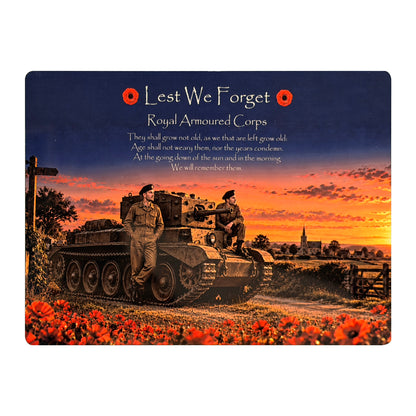 Royal Armoured Corps D19 Lest We Forget aluminium metal sign, front view, real product photograph.