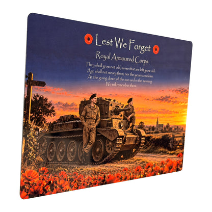Royal Armoured Corps D19 Lest We Forget aluminium metal sign, angled view, real product photograph.