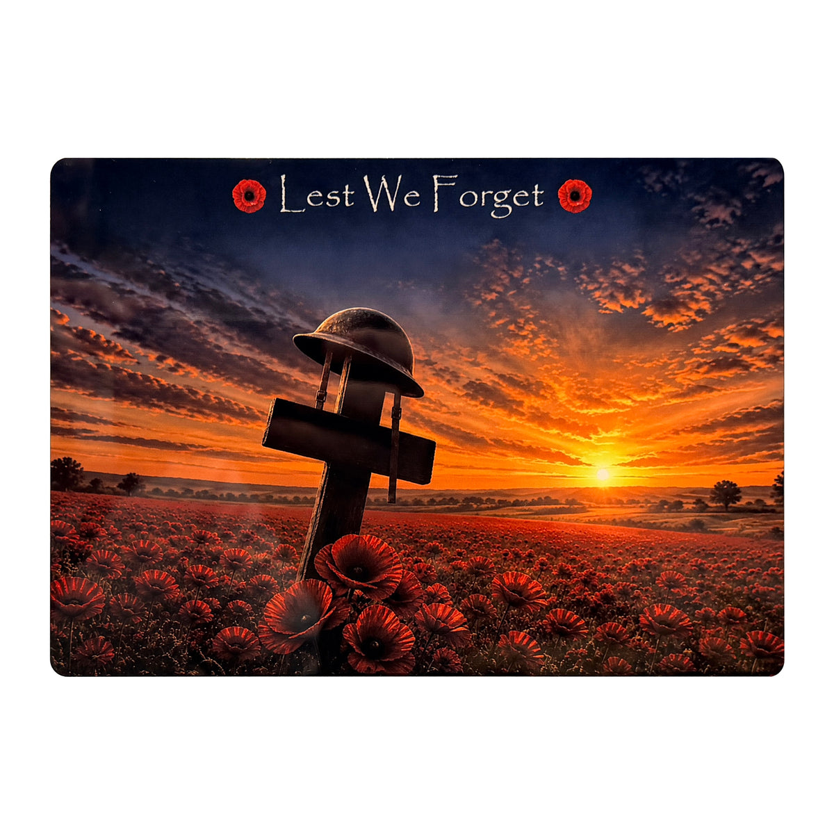 Cross + Helmet D2 Lest We Forget aluminium metal sign, front view, real product photograph.