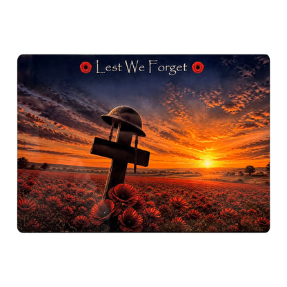 Cross + Helmet D2 Lest We Forget aluminium metal sign, front view, real product photograph.