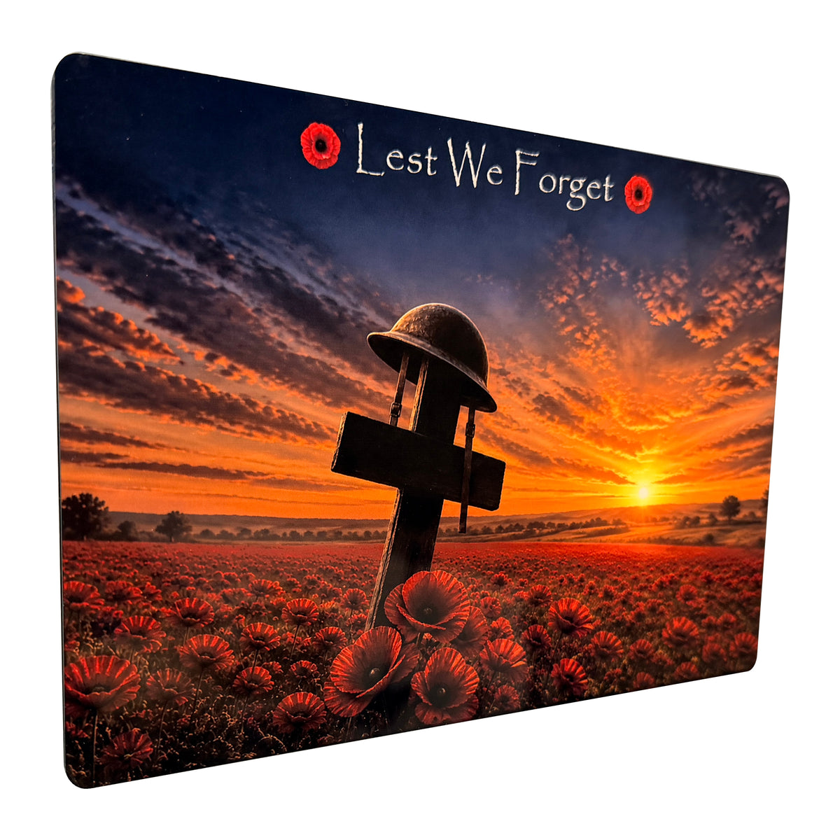 Cross + Helmet D2 Lest We Forget aluminium metal sign, angled view, real product photograph.