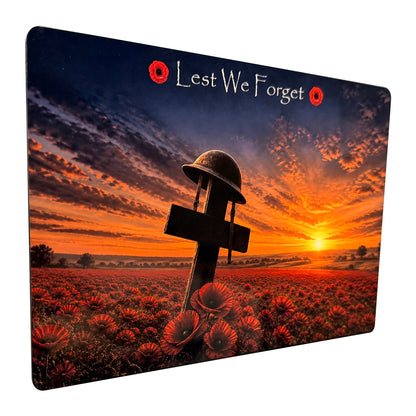 Cross + Helmet D2 Lest We Forget aluminium metal sign, angled view, real product photograph.