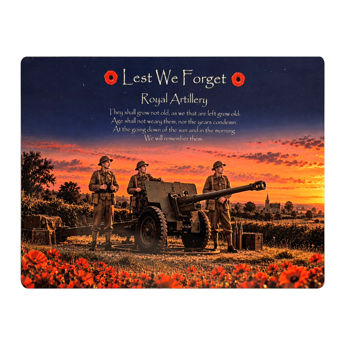 Royal Artillery D20 Lest We Forget aluminium metal sign, front view, real product photograph.