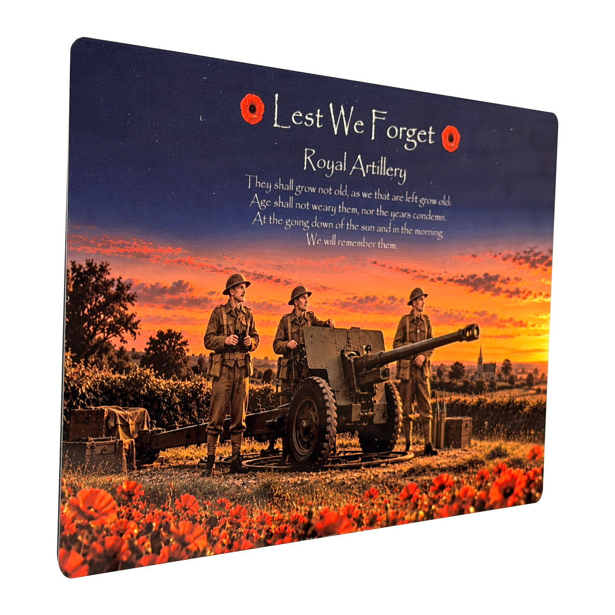 Royal Artillery D20 Lest We Forget aluminium metal sign, angled view, real product photograph.