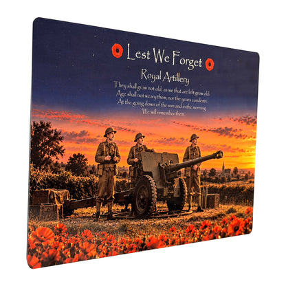 Royal Artillery D20 Lest We Forget aluminium metal sign, angled view, real product photograph.