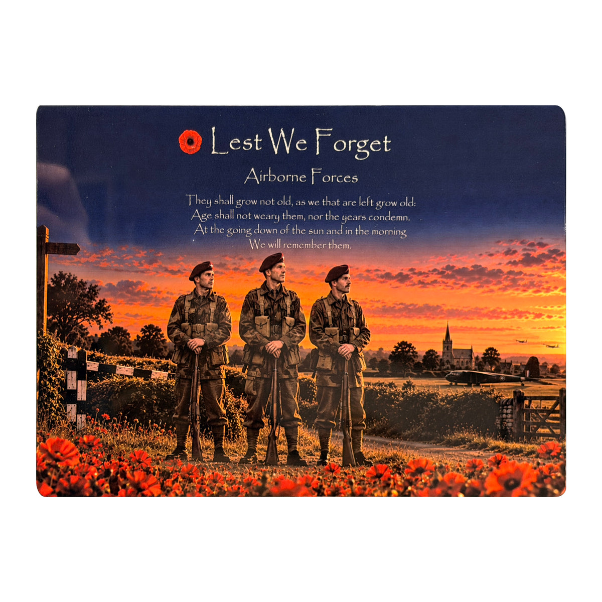 Airborne Forces D21 Lest We Forget aluminium metal sign, front view, real product photograph.