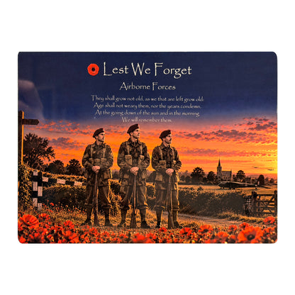 Airborne Forces D21 Lest We Forget aluminium metal sign, front view, real product photograph.