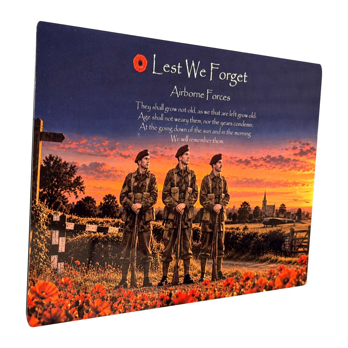 Airborne Forces D21 Lest We Forget aluminium metal sign, angled view, real product photograph.