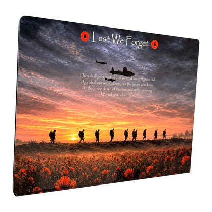 Battle Of Britain D3 Lest We Forget aluminium metal sign, angled view, real product photograph.