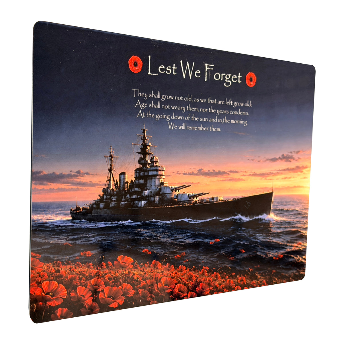 Navy War Ship D4 Lest We Forget aluminium metal sign, angled view, real product photograph.