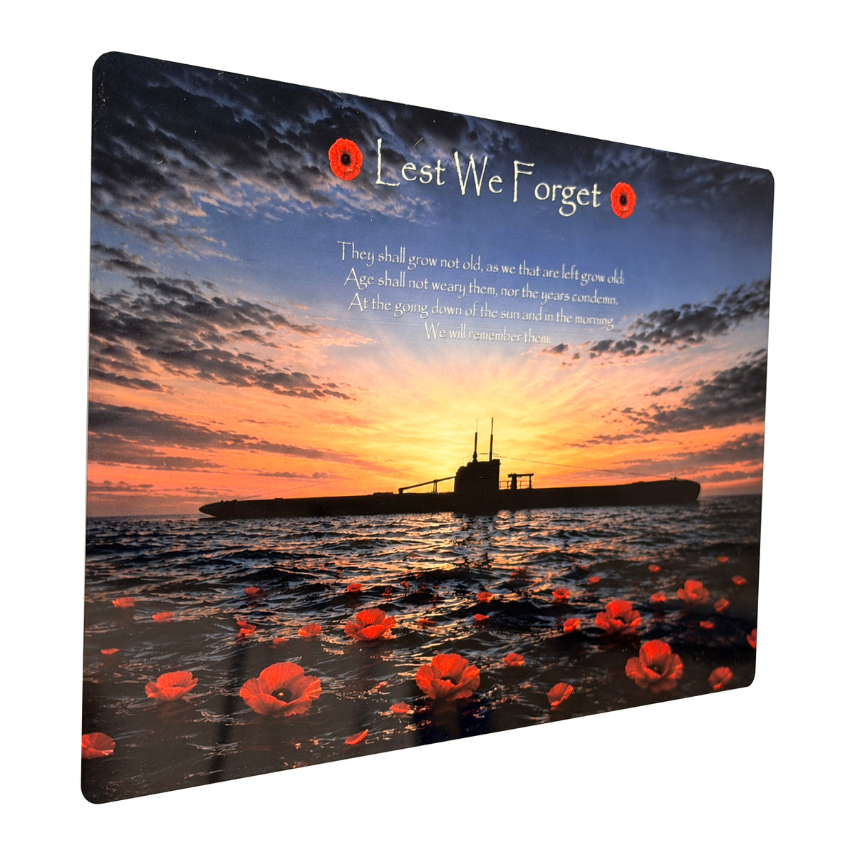 Submariners D5 Lest We Forget aluminium metal sign, angled view, real product photograph.
