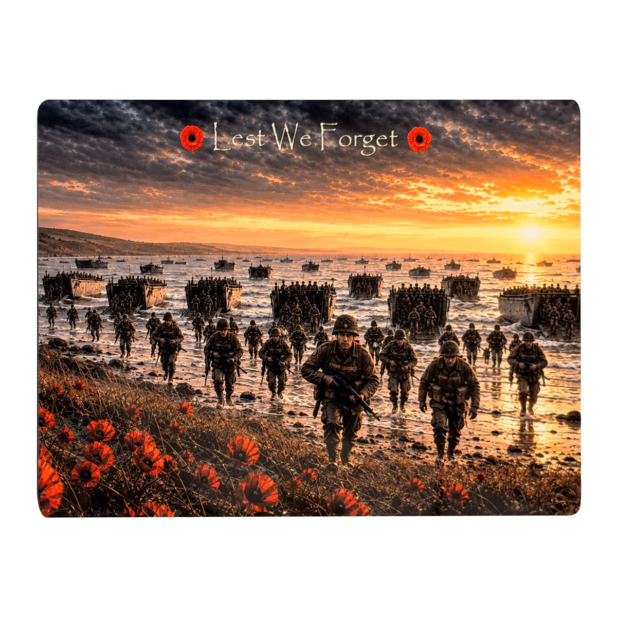 D-Day Landing D6 Lest We Forget aluminium metal sign, front view, real product photograph.
