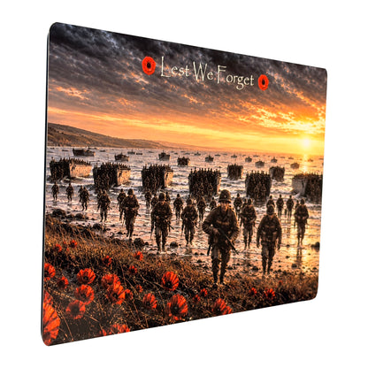 D-Day Landing D6 Lest We Forget aluminium metal sign, angled view, real product photograph.