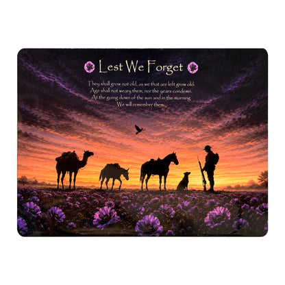 Animals of War D7 Lest We Forget aluminium metal sign, front view, real product photograph.