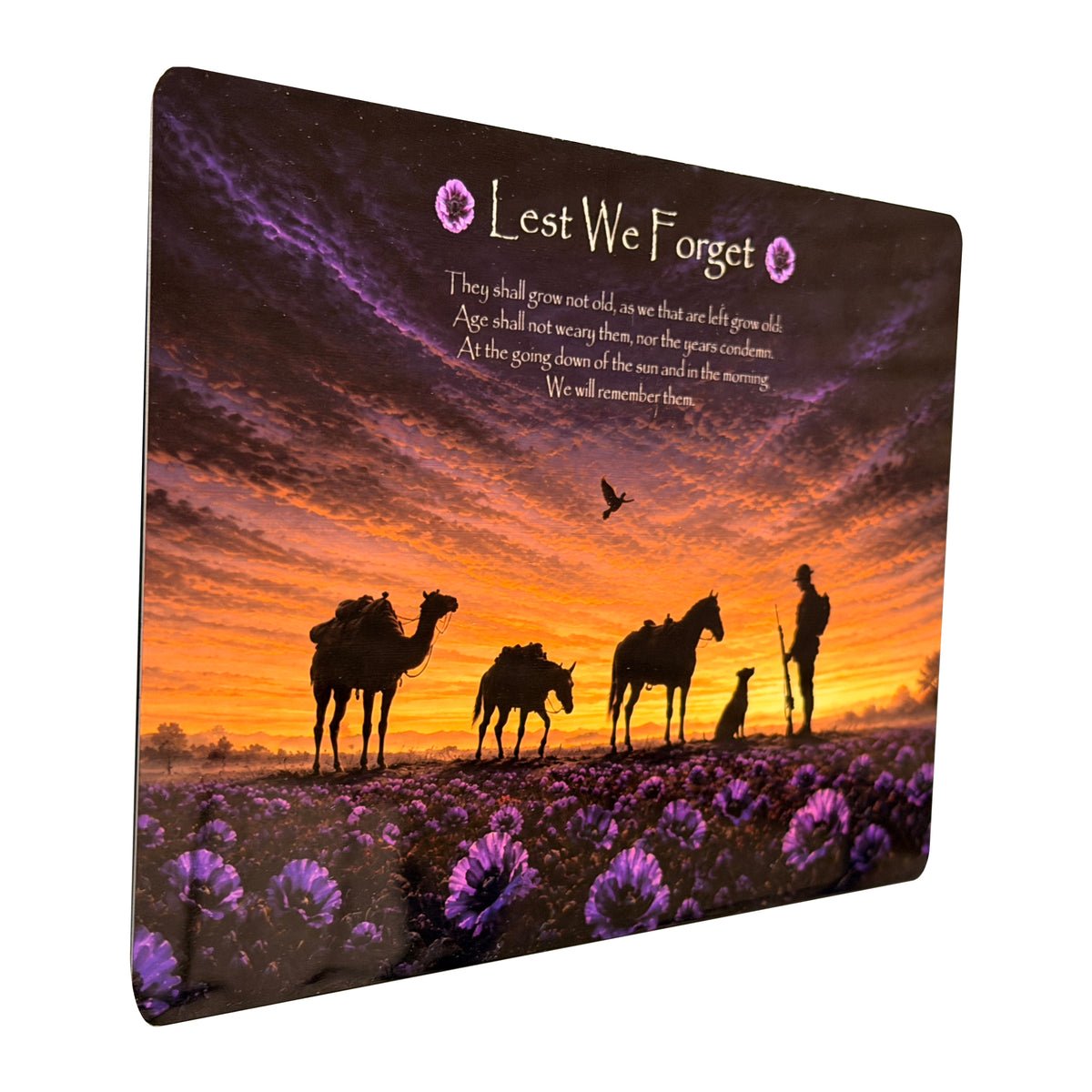 Animals of War D7 Lest We Forget aluminium metal sign, angled view, real product photograph.