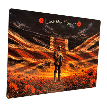 British Soldier D8 Lest We Forget aluminium metal sign, angled view, real product photograph.
