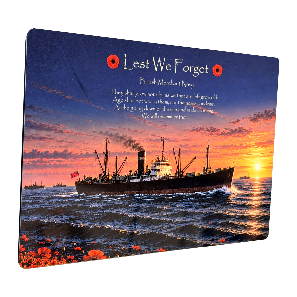 Merchant Navy D9 Lest We Forget aluminium metal sign, angled view, real product photograph.