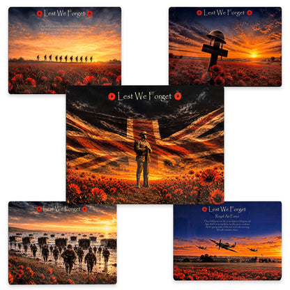 Lest We Forget military poppy aluminium metal signs, real product group photograph with British Soldier D8 central and other remembrance designs.